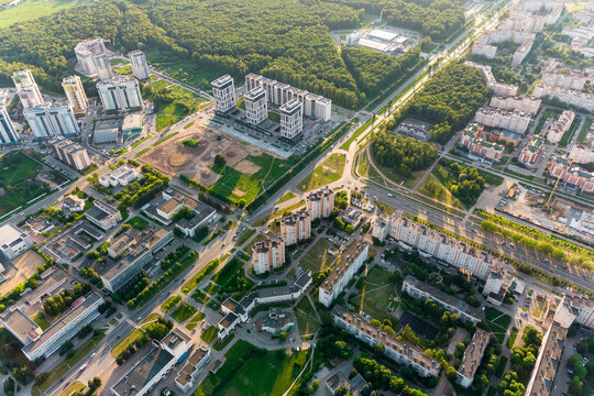 Aerial view of urban development during sunset. Obninsk, Russia