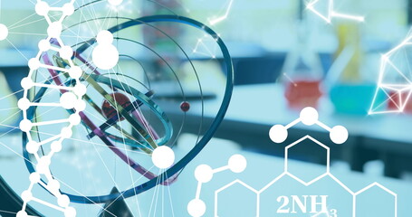 Image of molecules and dna strand over desk in classroom