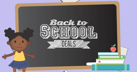 Image of back to school text over school items icons and blackboard