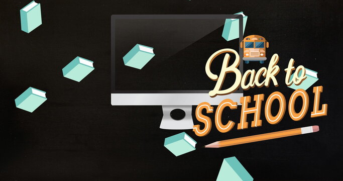 Image of back to school text over school items icons on black backgroundd