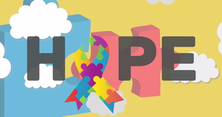 Image of hope text over white head with puzzles forming ribbon on yellow background