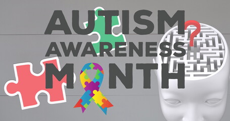 Image of autism awareness month text and ribbon formed with puzzles on grey