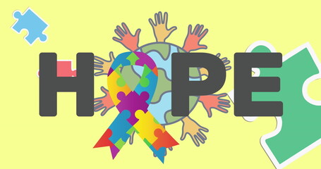 Fototapeta premium Image of hope text over puzzles forming ribbon and globe with hands