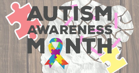 Image of autism awareness month text over puzzles forming ribbon and white woman's head