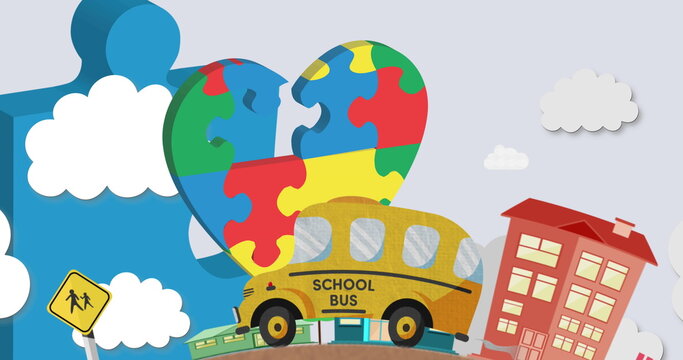 Image of school bus driving through city over heart formed with puzzles