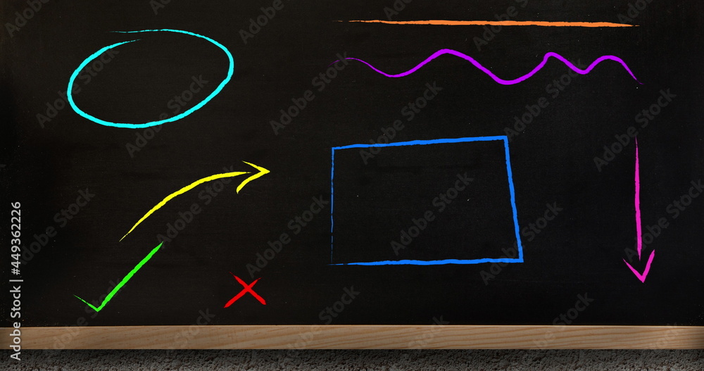 Poster digital image of multicolored abstract shapes over wooden surface against black background