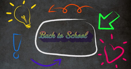 Digital image of welcome back to school text and school concept icons against grey background