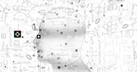 Human head spinning against chemical structures and formulas on white background