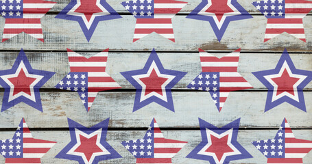 Image of stars coloured in american flag over wooden background