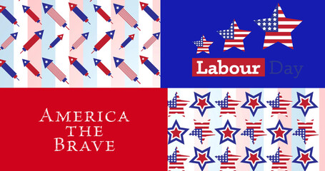 Image of labour day america the brave text over icons coloured with american flag
