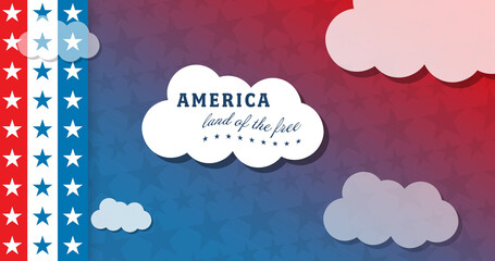 Image of america land of the free text over american flag stars and stripesand clouds