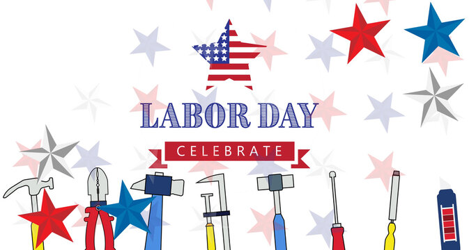 Image of labor day celebrate text over tools and american flag stars