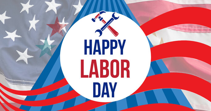 Image of happy labor day text over american flag stars and stripes