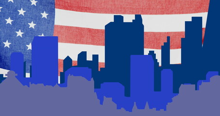 Image of blue cityscape,moving over waving american flag