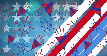 Image of moving red, white and blue stars and stripes patterns of american flag elements