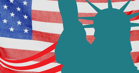Image of statue of liberty silhouette and red stripes, over american flag © vectorfusionart