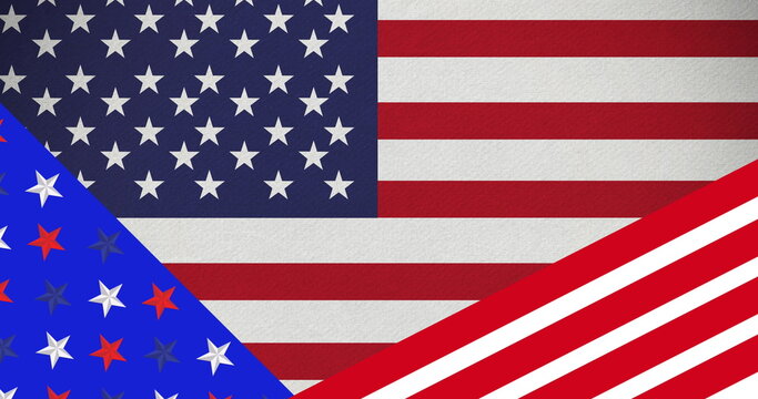 Image of moving red, white and blue stars and stripes patterns over american flag