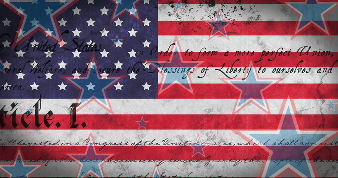 Image Of American Constitution Text, With Red, White And Blue Stars Over American Flag