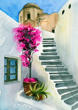 Fototapeta Watercolor illustration of a quarter with stairs and white houses of Santorini island with a window and a blooming pink flowers plant in a pot