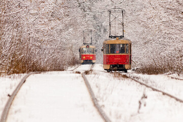 An old tram moving through a winter forest