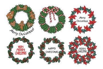 Colorful Line Art Christmas Wreath clipart set, decorated spruce green branches. Isolated on white background