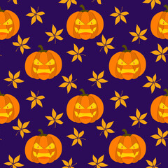 vector pattern on the theme of Halloween. Angry pumpkin with autumn leaves on a dark purple background