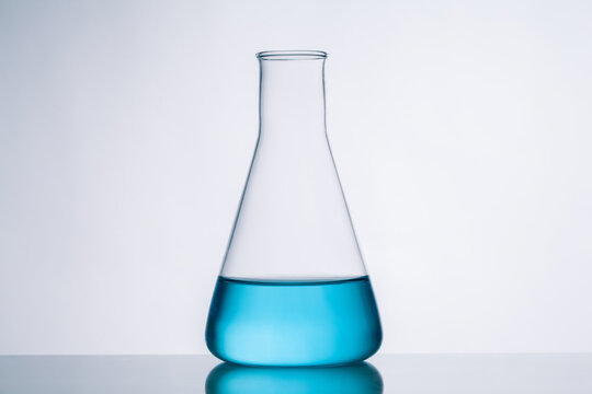 conical flask with blue liquid.