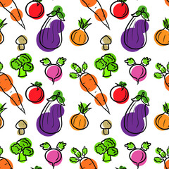 Pattern with vegetables. Original design eggplant, onion, tomato, radish, broccoli, mushroom, carrot.