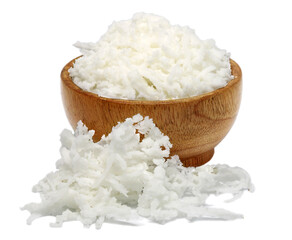 Fresh coconut flakes in wooden bowl on white background