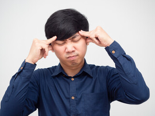 Closeup asian man touch his head feeling headache portrait