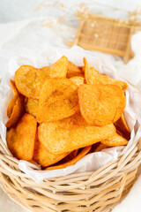 Potato chips are thin strips of potato that are deep fried or baked until crisp. Potato chips are generally served as an appetizer or snack.