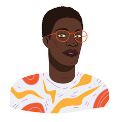 Portrait of modern young guy with long dyed purple hair. Avatar of man in modern trendy party sunglasses and fashion outfits. Vector portrait of stylish young guy isolated on white