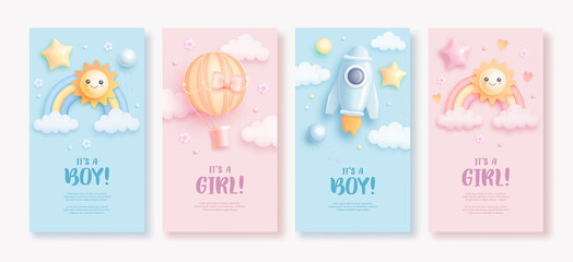 Set of baby shower vertical banner template for social networks stories. Vector illustration of cartoon rainbow, sun, rocket and hot air balloon on blue and pink background. It's a boy. It's a girl