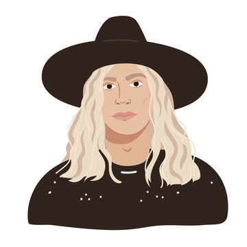 Stylish model man in a black hat and long blonde hair. Fashionable male portrait in flat cartoon style. Middle aged stylish guy avatar isolated on white background. Vector illustration.