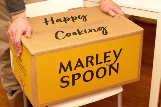 Sydney, Australia 2021-07-25 Marley Spoon Cardbord Box With Meal Kits. Australian Subscription Delivery Meal Kit Service