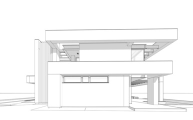 3d rendering of modern cozy house with pool and parking for sale or rent in luxurious style. Black line sketch with soft light shadows on white background