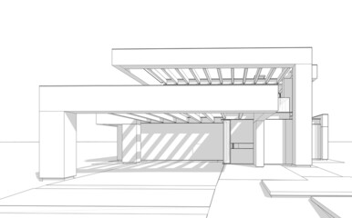 3d rendering of modern cozy house with pool and parking for sale or rent in luxurious style. Black line sketch with soft light shadows on white background