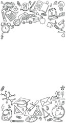 Vector frame with doodle drawings about school and education. Banner for students. Preparation for the teacher's day, September 1, the day of knowledge. Hand and line drawn stationery, school supplies