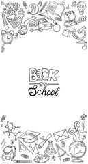 Vector frame with doodle drawings about school and education. Banner with the words 