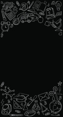 Vector frame with doodle drawings about school and education. Banner for students. Preparation for the teacher's day, September 1, the day of knowledge. Hand and line drawn stationery, school supplies