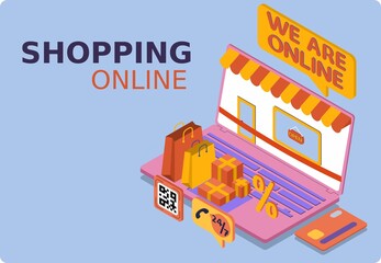 Online shopping design concept with laptop. Mockup laptop and grand opening new store. Paying qr-code and 24/7. Popular flat colors. Isomeric 3D vector illustration.