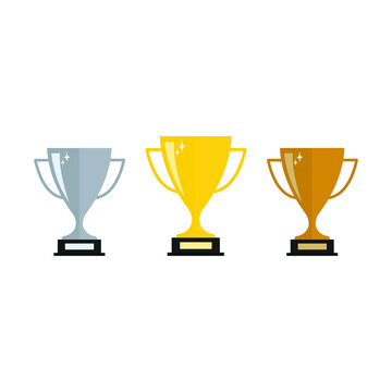 Three prize cups, gold, silver, bronze. Award for first, second and third place in the competition. Vector illustration, flat cartoon color design, isolated on white background, eps 10.
