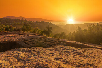 Evening sunset at the Church of St. George in Lalibela, Ethiopia
