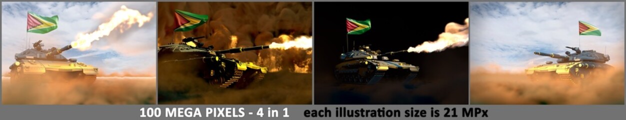 4 high resolution illustrations of heavy tank with design that not exists and with Guyana flag - Guyana army concept, military 3D Illustration