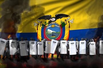 Ecuador police guards in heavy smoke and fire protecting country against disorder - protest fighting concept, military 3D Illustration on flag background