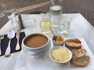 Traditional Marseille bouillabaisse served in Cassis. The broth is traditionally served with a...