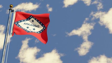 Arkansas 3D rendered realistic waving flag illustration on Flagpole. Isolated on sky background with space on the right side.
