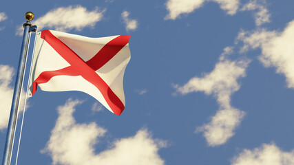 Alabama 3D rendered realistic waving flag illustration on Flagpole. Isolated on sky background with space on the right side.