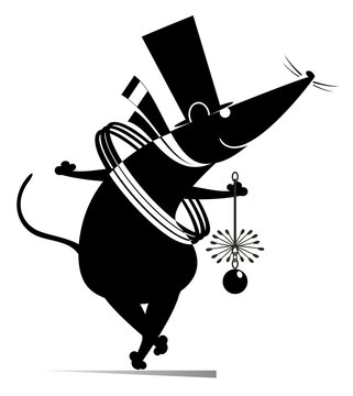 Cartoon rat or mouse a chimney sweeper illustration. Funny rat or mouse a chimney sweeper in the top hat with the rope and chimney brush black on white