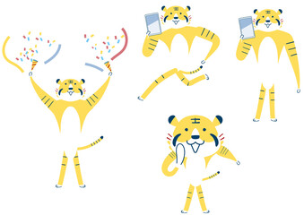 クラッカーを鳴らす、スマホを持って走る、あなたに耳打ちするトラ　セット　イラスト素材
